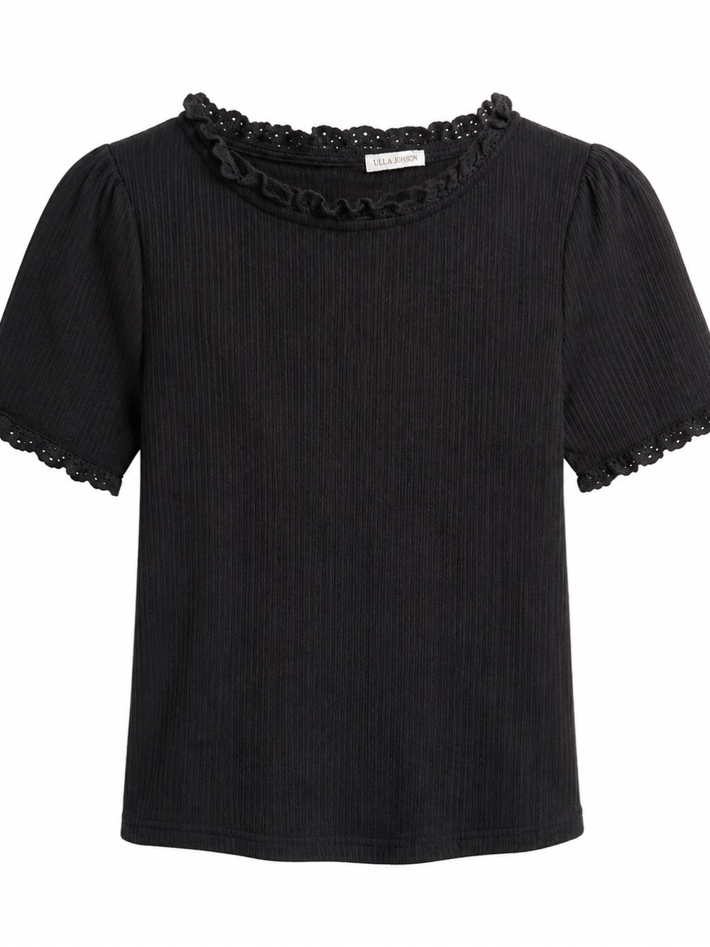 Lili & Lala French Brand Black Ribbed Cotton Top with Eyelet Ruffle Trim Size M